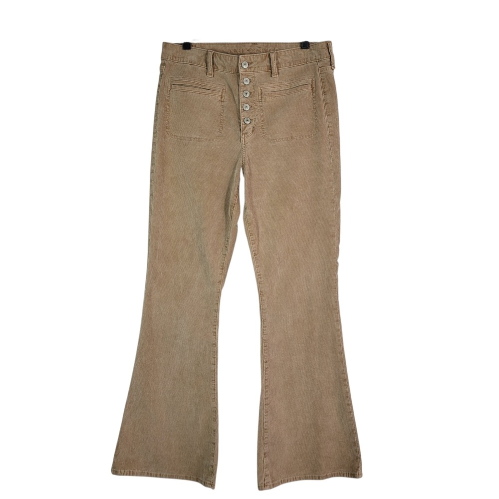 American Eagle Super Hi Rise Flare Corduroy Pants Tan Stretch Button Fly 12 Boho